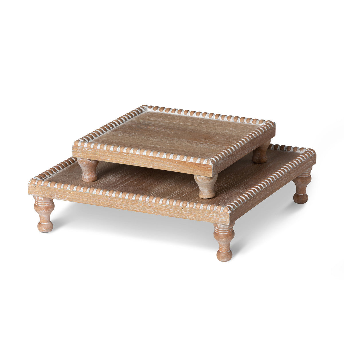 Wood Beaded Square Serving Tray - Set of 2