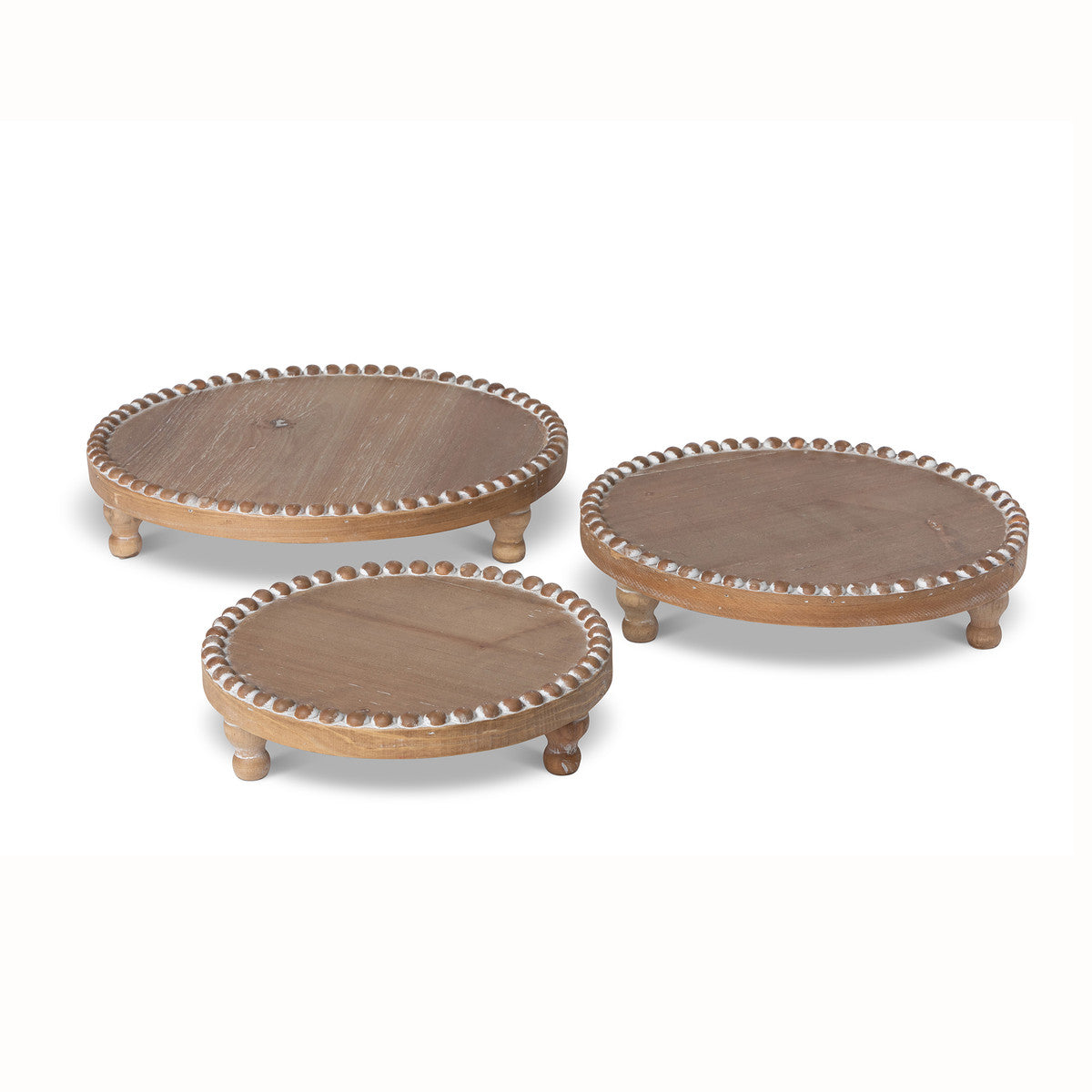Wood Beaded Round Serving Trays - Set of 3