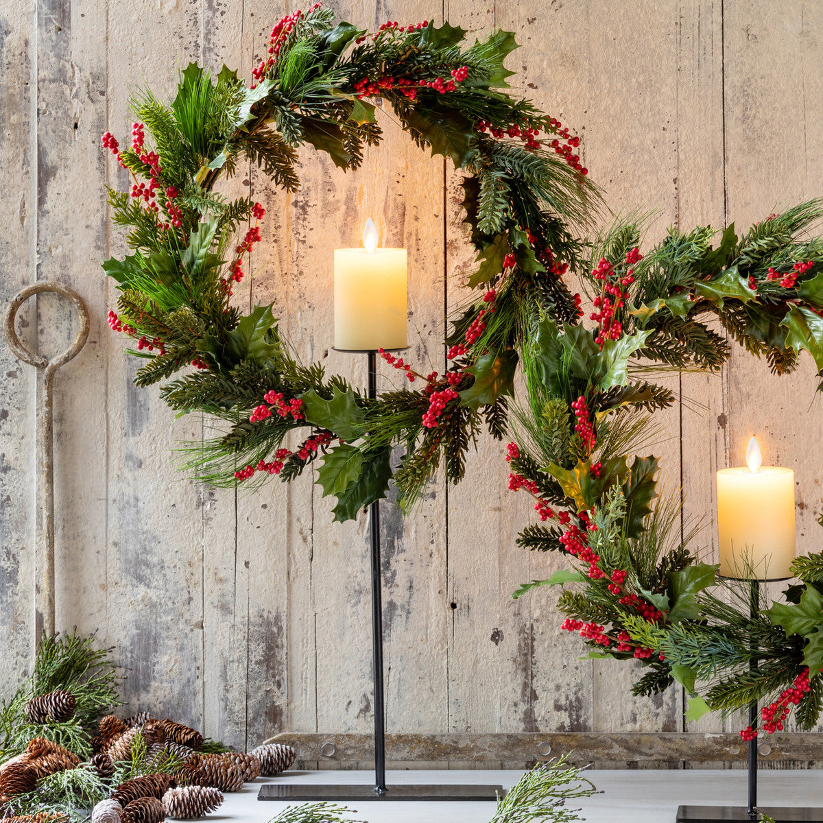 Pine and Holly Wreath on Candle Stand - Tall