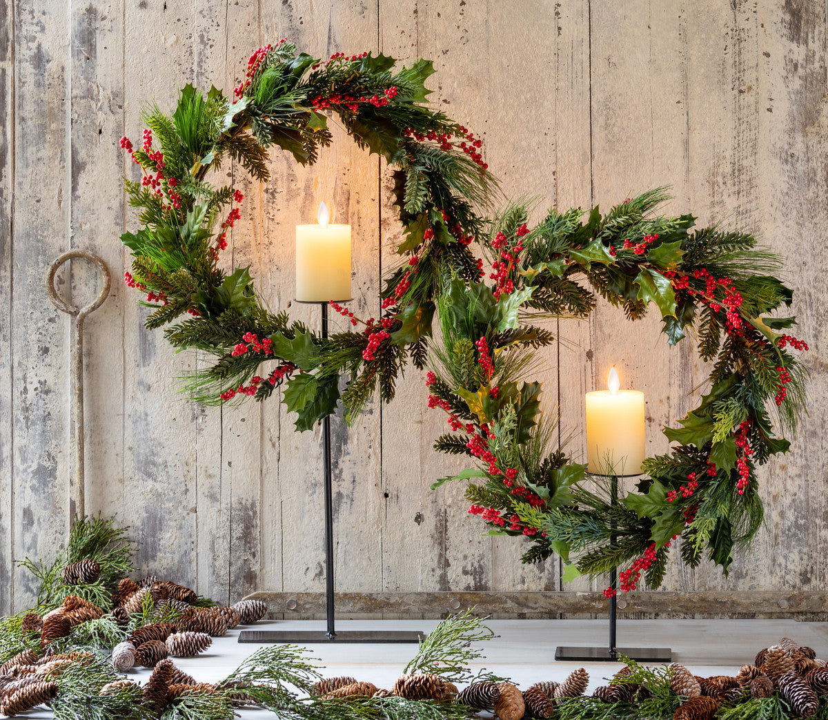 Pine and Holly Wreath on Candle Stand - Tall