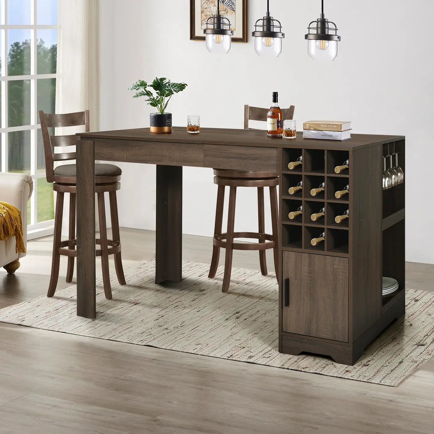 Olinbe Rustic Brown Multifunctional Bar Table with Storage
